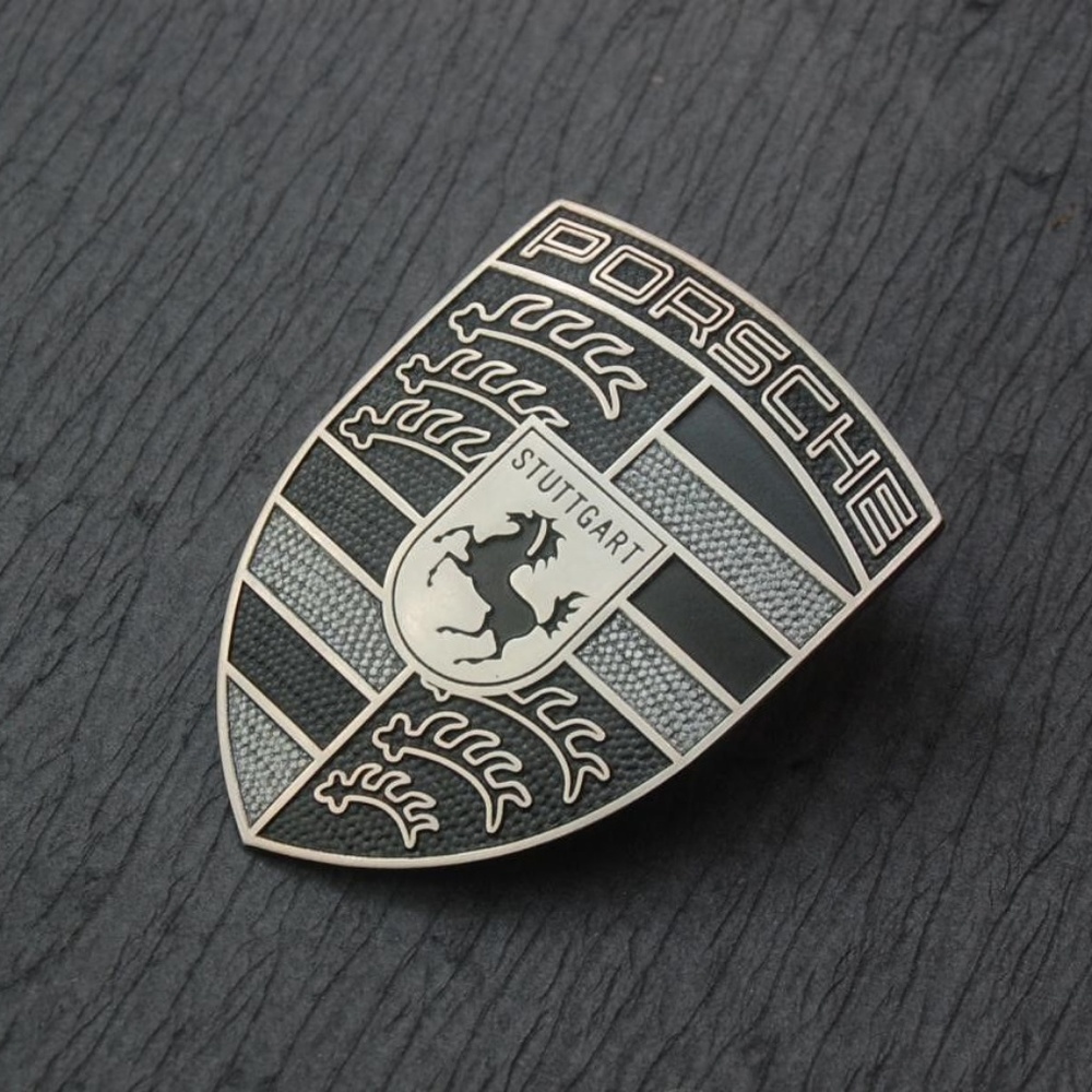 Brand New PORSCHE Hood Crest Emblem Badge Shield Silver Black Metal